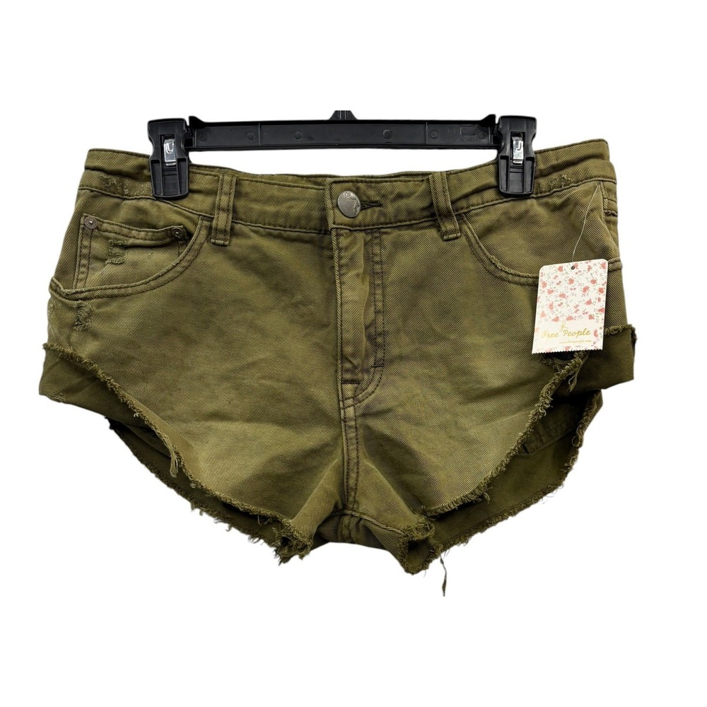 Free People Irreplaceable Green Distressed Cutoff Denim Shorts‎ Low Rise Boho 27